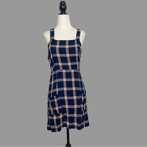 💛S💛 Plaid Mini Dress Sleeveless Apron Patch Pockets Summer Spring